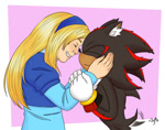 Size: 800x629 | Tagged: safe, artist:r2y9s, maria robotnik, shadow the hedgehog, human, 2025, abstract background, cute, duo, ear fluff, eyes closed, hands on another's face, signature, smile, wagging tail