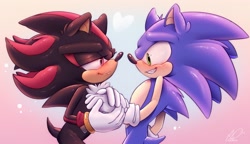 Size: 2975x1719 | Tagged: safe, artist:arkquackie, shadow the hedgehog, sonic the hedgehog, 2023, blushing, duo, gay, gradient background, heart, holding hands, lidded eyes, looking at each other, redraw, shadow x sonic, shipping, smile, sparkles, standing