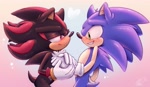 Size: 2975x1719 | Tagged: safe, artist:arkquackie, shadow the hedgehog, sonic the hedgehog, 2023, blushing, duo, gay, gradient background, heart, holding hands, lidded eyes, looking at each other, redraw, shadow x sonic, shipping, smile, sparkles, standing