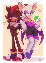 Size: 2405x3262 | Tagged: safe, artist:arkquackie, rouge the bat, shadow the hedgehog, 2023, abstract background, arms folded, chaos emerald, chest fluff, cleavage, cute, duo, flying, holding something, leaning, leaning on them, lidded eyes, looking at viewer, signature, smile, standing