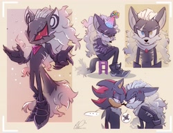 Size: 5253x4052 | Tagged: safe, artist:arkquackie, infinite the jackal, shadow the hedgehog, ..., 2023, abstract background, angry, clenched teeth, cross popping vein, crying, duo, floppy ears, flying, frown, heterochromia, infinite's mask, looking at each other, looking at viewer, looking offscreen, one fang, party hat, phantom ruby, sad, signature, sitting, standing, tears, tears of sadness