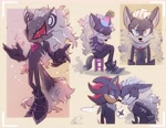 Size: 5253x4052 | Tagged: safe, artist:arkquackie, infinite the jackal, shadow the hedgehog, ..., 2023, abstract background, angry, clenched teeth, cross popping vein, crying, duo, floppy ears, flying, frown, heterochromia, infinite's mask, looking at each other, looking at viewer, looking offscreen, one fang, party hat, phantom ruby, sad, signature, sitting, standing, tears, tears of sadness