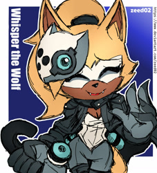 Size: 1280x1409 | Tagged: safe, artist:zeed_02, whisper the wolf, 2025, abstract background, character name, cleavage, eyes closed, fangs, holding something, mouth open, open mouth, open smile, outline, signature, sketch, smile, solo, standing, waving