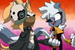 Size: 2070x1364 | Tagged: safe, artist:train099, tangle the lemur, whisper the wolf, 2025, duo, holding hands, lesbian, lesbian pride, pride, pride flag, pride flag background, redraw, shipping, signature, smile, standing, tangle x whisper