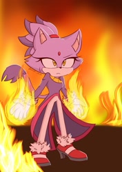 Size: 1240x1754 | Tagged: safe, artist:featherbreeze1, blaze the cat, 2025, abstract background, fire, fire hand, flame, frown, looking offscreen, signature, solo, standing, sweatdrop