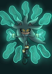 Size: 1240x1754 | Tagged: safe, artist:featherbreeze1, silver the hedgehog, 2025, flying, frown, glowing eyes, knife, looking at viewer, mid-air, psychokinesis, simple background, solo, this won't end well