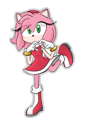 Size: 2480x3508 | Tagged: safe, artist:featherbreeze1, amy rose, 2025, amybetes, cute, eye clipping through hair, heart hands, looking at viewer, outline, simple background, smile, solo, standing on one leg, white background