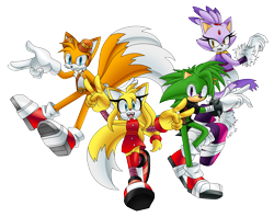 Size: 4800x3800 | Tagged: safe, artist:andithefennec, blaze the cat, miles "tails" prower, zooey the fox, cat, fox, hedgehog, 2025, double v sign, female, group, looking at viewer, male, manic the hedgehog, mid-air, mouth open, open smile, quartet, simple background, smile, sonic boom (tv), transparent background, v sign