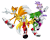 Size: 4800x3800 | Tagged: safe, artist:andithefennec, blaze the cat, miles "tails" prower, zooey the fox, cat, fox, hedgehog, 2025, double v sign, female, group, looking at viewer, male, manic the hedgehog, mid-air, mouth open, open smile, quartet, simple background, smile, sonic boom (tv), transparent background, v sign