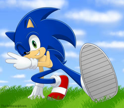 Size: 956x836 | Tagged: safe, artist:thewerewolven, sonic the hedgehog, hedgehog, blue fur, gloves, green eyes, male, shoes, socks