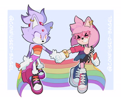 Size: 2048x1669 | Tagged: safe, artist:confused-bagel, amy rose, blaze the cat, 2025, alternate outfit, amy x blaze, bisexual, bisexual pride, cute, duo, gay pride, holding hands, lesbian, lesbian pride, looking at them, pride, shipping, smile
