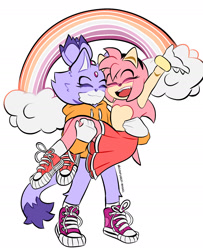 Size: 1610x1983 | Tagged: safe, artist:confused-bagel, amy rose, blaze the cat, 2022, alternate outfit, amy x blaze, carrying them, clouds, cute, duo, eyes closed, hoodie, lesbian, lesbian pride, pride, rainbow, shipping, shoelaces, signature, simple background, skirt, smile, standing, topless, white background