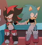 Size: 1930x2048 | Tagged: safe, artist:confused-bagel, shadow the hedgehog, sonic the hedgehog, 2023, abstract background, bench, binder, duo, gay, holding hands, looking away, mario and sonic at the 2020 olympic games, redraw, shadow x sonic, shipping, signature, sitting, sweatdrop, trans male, transgender, transmasculine