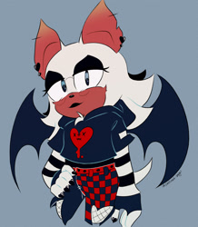 Size: 1788x2048 | Tagged: safe, artist:confused-bagel, rouge the bat, 2022, blue background, clothes, cropped hoodie, ear piercing, earring, fingerless gloves, goth, goth outfit, goth rouge, hand on hip, hot topic, lipstick, long gloves, looking at viewer, painted fingernails, signature, simple background, solo