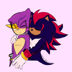 Size: 2048x2048 | Tagged: safe, artist:vocochair, espio the chameleon, shadow the hedgehog, 2025, blushing, duo, eye clipping through object, eyes closed, frown, gay, hugging, hugging from behind, looking at them, one eye closed, pink background, shadpio, shipping, signature, simple background