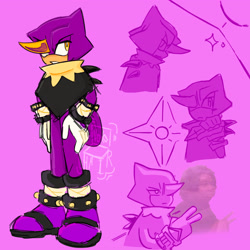 Size: 2048x2048 | Tagged: safe, artist:vocochair, espio the chameleon, 2025, backwards v sign, clothes, frown, lidded eyes, looking offscreen, ninja star, pink background, poncho, signature, simple background, solo, sparkles, standing, v sign