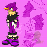 Size: 2048x2048 | Tagged: safe, artist:vocochair, espio the chameleon, 2025, backwards v sign, clothes, frown, lidded eyes, looking offscreen, ninja star, pink background, poncho, signature, simple background, solo, sparkles, standing, v sign