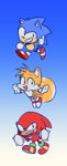 Size: 296x727 | Tagged: safe, artist:ozmodai, knuckles the echidna, miles "tails" prower, sonic the hedgehog, sonic heroes, 2025, gradient background, looking at viewer, smile, team sonic, trio