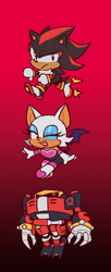 Size: 296x727 | Tagged: safe, artist:ozmodai, e-123 omega, rouge the bat, shadow the hedgehog, sonic heroes, 2025, gradient background, looking at viewer, robot, team dark, trio