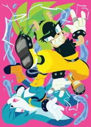 Size: 1500x2100 | Tagged: safe, artist:brandirecognition, kit the fennec, surge the tenrec, 2025, devil horns (gesture), duo, electricity, mouth open, pink background, simple background, smile, tongue out, water