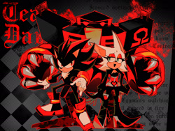 Size: 2048x1536 | Tagged: safe, artist:senranx, e-123 omega, rouge the bat, shadow the hedgehog, sonic heroes, 2025, abstract background, frown, glowing eyes, looking offscreen, outline, robot, rouge's heroes bodysuit, smile, song lyrics, standing, team dark, team dark (song), trio