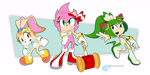Size: 4800x2400 | Tagged: safe, artist:cartoonicus, amy rose, cosmo the seedrian, cream the rabbit, hedgehog, rabbit, amy the hedgehog, anthro, anthrosdon'tneedclothes, bunny, cute, dressedliketheguys, girls, no clothes, no need for clothes, plant girl, redesign, rose, sedrian, sonic x, team rose, uncloth, unclothed, unclothed amy