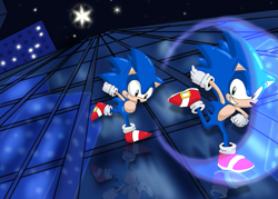 Size: 729x523 | Tagged: safe, artist:dbzbabe, sonic the hedgehog, 2011, abstract background, building, classic sonic, duo, modern sonic, nighttime, outdoors, running, self paradox, sonic generations, speed highway, star (sky)