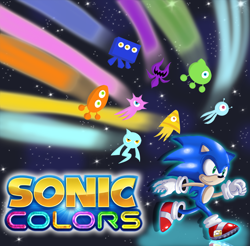 Size: 900x884 | Tagged: safe, artist:dbzbabe, sonic the hedgehog, wisp, 2010, abstract background, blue wisp, cyan wisp, green wisp, group, orange wisp, pink wisp, purple wisp, running, sonic colors, star (sky), turquoise wisp, yellow wisp