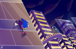 Size: 3247x2106 | Tagged: safe, artist:gaborabo, sonic the hedgehog, 2020, abstract background, building, nighttime, outdoors, running, solo, speed highway, speedpaint available, speedpaint in description