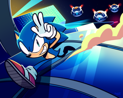 Size: 3000x2400 | Tagged: safe, artist:frogletcomics, sonic the hedgehog, sonic adventure, 2023, abstract background, badnik, cop speeder, dust clouds, group, looking at viewer, nighttime, outdoors, robot, running, smile, solo focus, speed highway
