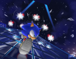 Size: 3832x3000 | Tagged: safe, artist:beezylove, sonic the hedgehog, 2022, abstract background, badnik, broken glass, building, cop speeder, glass, group, nighttime, outdoors, robot, running, signature, solo focus, sonic generations, speed highway, star (sky)
