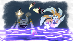 Size: 1920x1080 | Tagged: safe, artist:rubyofblue, miles "tails" prower, sonic adventure, 2021, abstract background, duo, egg walker, flying, jet anklet, mid-air, missle, mouth open, rhythm badge, solo focus, spinning tails, water