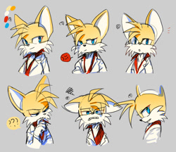 Size: 742x640 | Tagged: safe, artist:lujji, miles "tails" prower, oc, oc:zails, 2013, clenched teeth, eye clipping through hair, floppy ears, frown, grey background, lab coat, looking at viewer, looking offscreen, mouth open, question mark, simple background, sketch, smile, solo, thinking