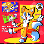Size: 1300x1300 | Tagged: safe, artist:bunny0rgans, miles "tails" prower, 2022, abstract background, blushing, character name, chest fluff, cross popping vein, cute, ear fluff, flying, mouth open, one fang, open smile, smile, solo, spinning tails, standing on one leg, star (symbol), tailabetes, v sign