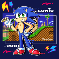 Size: 1200x1200 | Tagged: safe, artist:bunny0rgans, sonic the hedgehog, green hill zone, 2022, abstract background, blushing, character name, chest fluff, clenched teeth, hand on hip, lightning bolt, looking at viewer, outline, ring, signature, smile, solo, spinning object, standing
