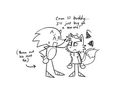 Size: 1200x900 | Tagged: safe, artist:bunny0rgans, miles "tails" prower, sonic the hedgehog, 2022, angry, crying, dialogue, duo, english text, eyes closed, frown, hand on hip, headpats, line art, looking at them, monochrome, simple background, sonic vs tails! friends no more, standing, stick figure, sweatdrop, tears, tears of anger, white background