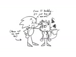 Size: 1200x900 | Tagged: safe, artist:bunny0rgans, miles "tails" prower, sonic the hedgehog, 2022, angry, crying, dialogue, duo, english text, eyes closed, frown, hand on hip, headpats, line art, looking at them, monochrome, redraw, simple background, sonic vs tails! friends no more, standing, stick figure, sweatdrop, tears, tears of anger, white background