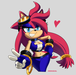 Size: 1200x1192 | Tagged: safe, artist:redhadal, oc, oc:scarlet the hedgehog, hedgehog, 2025, cleavage, grey background, hand on hip, heart, lidded eyes, looking at viewer, simple background, smile, solo, standing, v sign