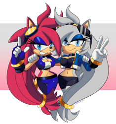 Size: 1000x1063 | Tagged: safe, artist:redhadal, oc, oc:scarlet the hedgehog, oc:venus the hedgehog, hedgehog, 2025, abstract background, arm around shoulders, cleavage, duo, lidded eyes, looking at viewer, pointing, siblings, sisters, smile, standing, v sign