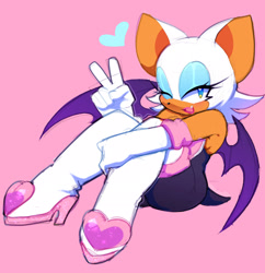 Size: 2000x2064 | Tagged: safe, artist:yinmeowjii, rouge the bat, heart, looking at viewer, pink background, simple background, sitting, smile, v sign, wink