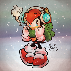 Size: 1280x1280 | Tagged: safe, artist:mightysen, mighty the armadillo, abstract background, ear warmers, looking at viewer, outdoors, scarf, signature, snow, snowing, solo, standing