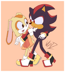 Size: 1738x1910 | Tagged: safe, artist:lucianolenz, shadow the hedgehog, 2022, age difference, border, duo, frown, holding another's arm, looking at them, mouth open, open smile, shadream, shipping, signature, simple background, smile, straight, tan background, walking