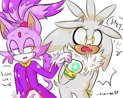 Size: 1998x1600 | Tagged: safe, artist:luucalio, blaze the cat, silver the hedgehog, 2019, dialogue, duo, english text, exclamation mark, hand on shoulder, lidded eyes, looking at them, looking offscreen, mouth open, question mark, simple background, standing, white background