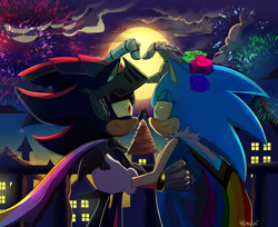 Size: 2047x1670 | Tagged: safe, artist:bluetakrush, shadow the hedgehog, sonic the hedgehog, 2025, abstract background, cape, clouds, duo, fireworks, flower, flower crown, gay, gay pride, heart hands, lidded eyes, looking at each other, moon, nighttime, nonbinary, nonbinary pride, outdoors, pride, pride flag, progress pride, shadow x sonic, shipping, signature, sir lancelot, smile, standing
