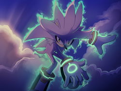 Size: 2048x1530 | Tagged: safe, artist:bluetakrush, silver the hedgehog, 2025, abstract background, clouds, flying, looking at viewer, mid-air, outdoors, psychokinesis, solo
