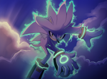 Size: 2048x1530 | Tagged: safe, artist:bluetakrush, silver the hedgehog, 2025, abstract background, clouds, flying, looking at viewer, mid-air, outdoors, psychokinesis, solo