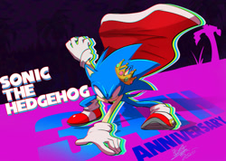 Size: 2000x1427 | Tagged: safe, artist:bluetakrush, sonic the hedgehog, 2025, abstract background, anniversary, cape, character name, crown, english text, hand on ground, looking down, palm tree, signature, solo