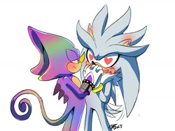 Size: 1600x1200 | Tagged: safe, artist:bluetakrush, espio the chameleon, silver the hedgehog, 2025, blushing, blushing ears, duo, gay, heart eyes, holding hands, lidded eyes, looking at each other, mouth open, shipping, signature, silvio, simple background, smile, standing, wagging tail, white background