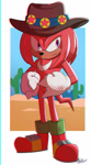 Size: 1109x2000 | Tagged: safe, artist:bluetakrush, knuckles the echidna, 2025, abstract background, knuckles' hat, looking offscreen, signature, smile, solo, standing