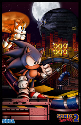 Size: 1280x1979 | Tagged: safe, artist:whittingtonrhett, miles "tails" prower, sonic the hedgehog, sonic the hedgehog 2, 2019, abstract background, chemical plant, classic sonic, classic tails, death egg, duo, flying, looking offscreen, moon, nighttime, outdoors, ring, sega logo, smile, spinning tails, standing, star (sky)